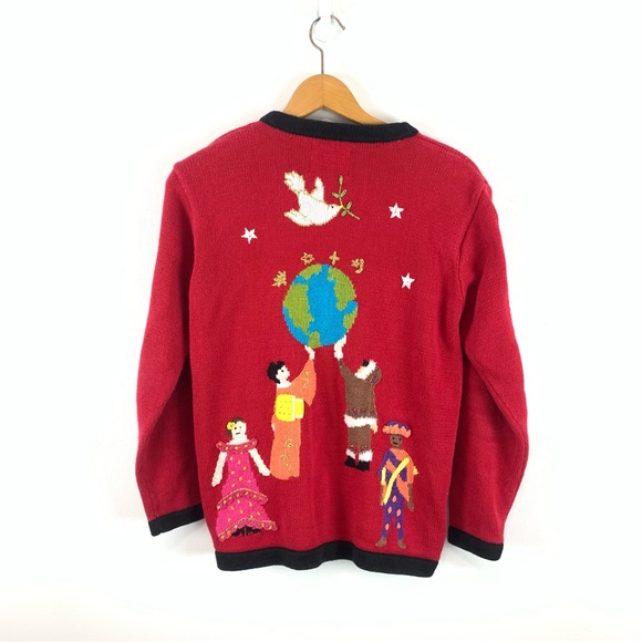 Storybook Knits World Peace Cardigan Sweater in Red Chunky Knit Teacher Sweater - Picture 1 of 11